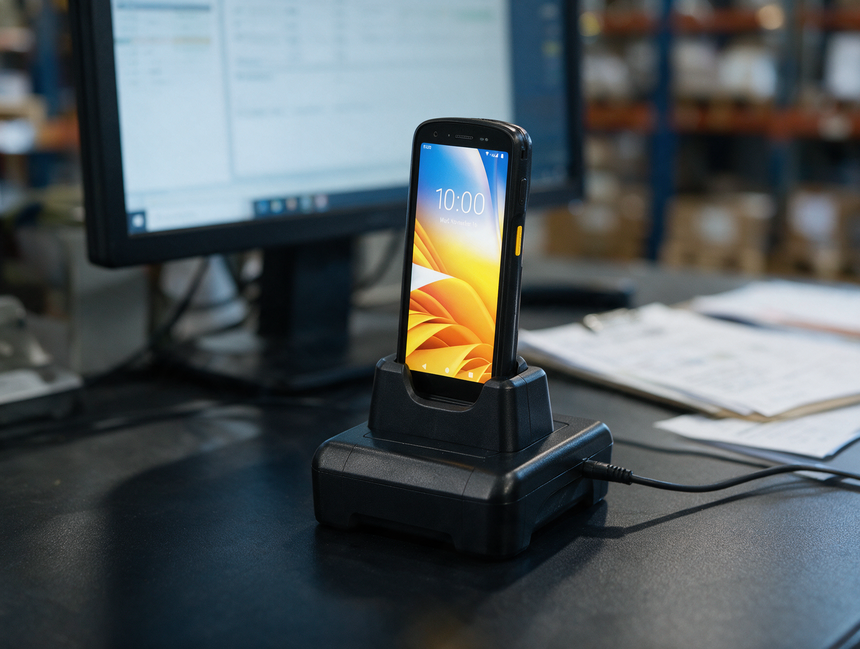 Terminal Zebra TC27 en charge sur son socle individuel au poste de contrôle